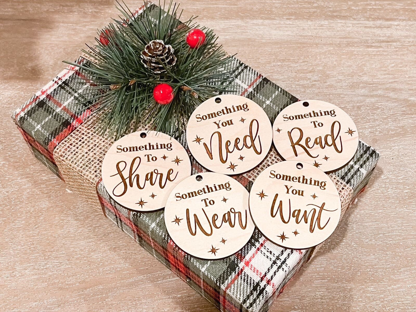 Christmas Gift Tags | Wooden Gift Tags | Want, Need, Read, Wear, Share Tags | Five Rule Gift Tags