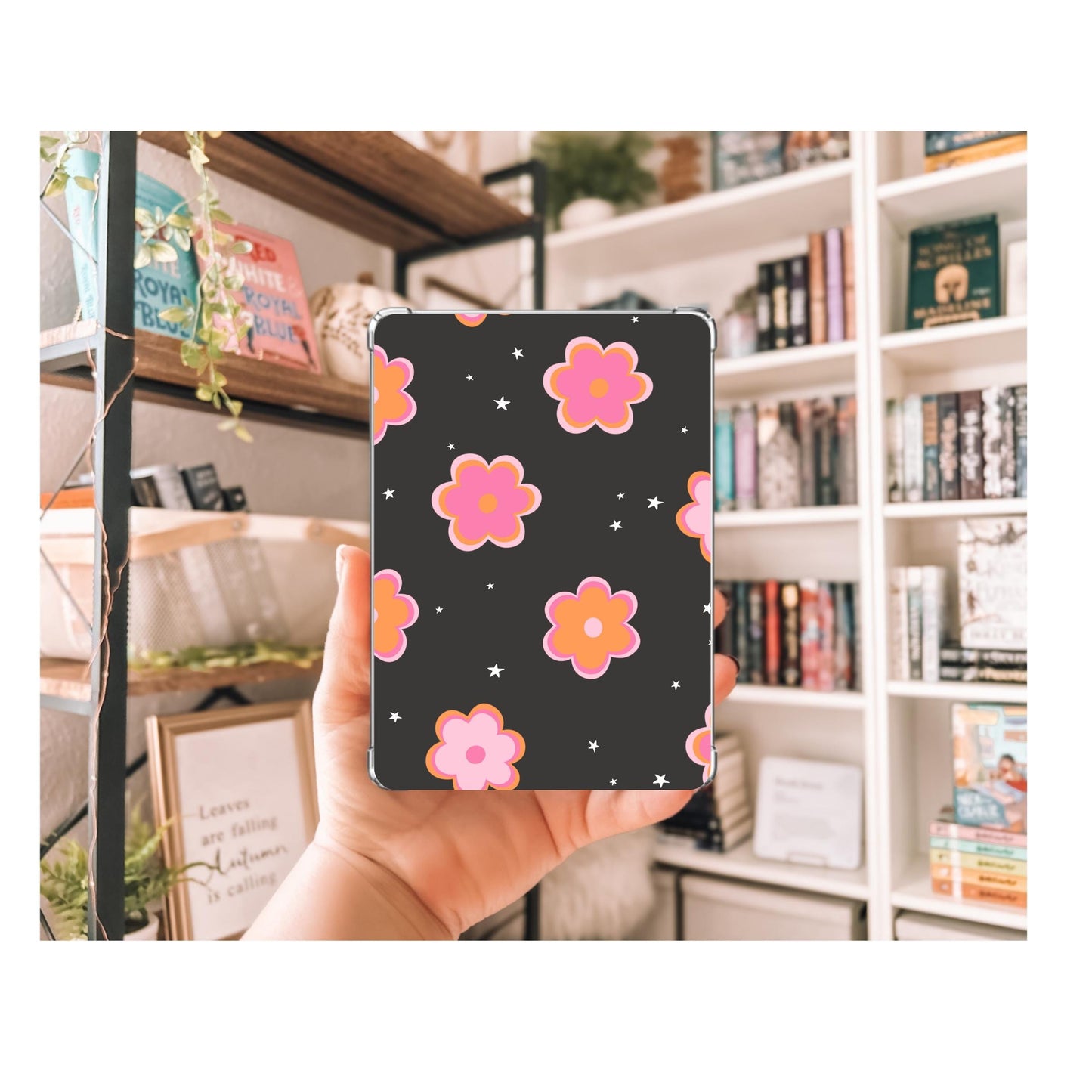 Groovy Orange and Pink Flower Kindle Insert | Decorative Kindle Insert | Clear Kindle Case Insert | Book Girly Decor | Gift for Book Lover