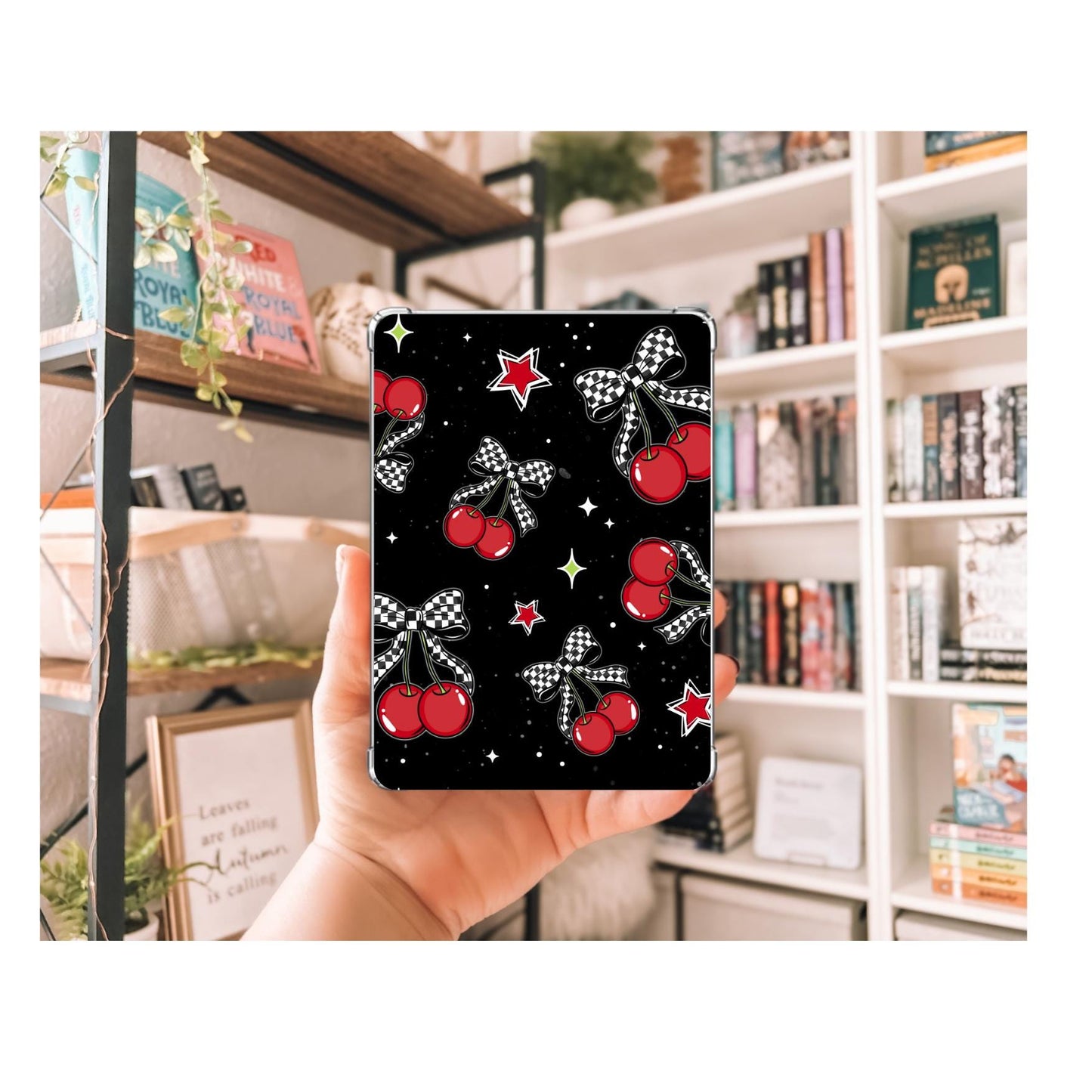 Checkered Cherries Kindle Insert | Decorative Kindle Insert | Clear Kindle Case Insert | Gift for Book Lover | Cherry Kindle Decor