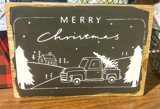 Vintage Winter Christmas Truck Shelf Sitter Sign