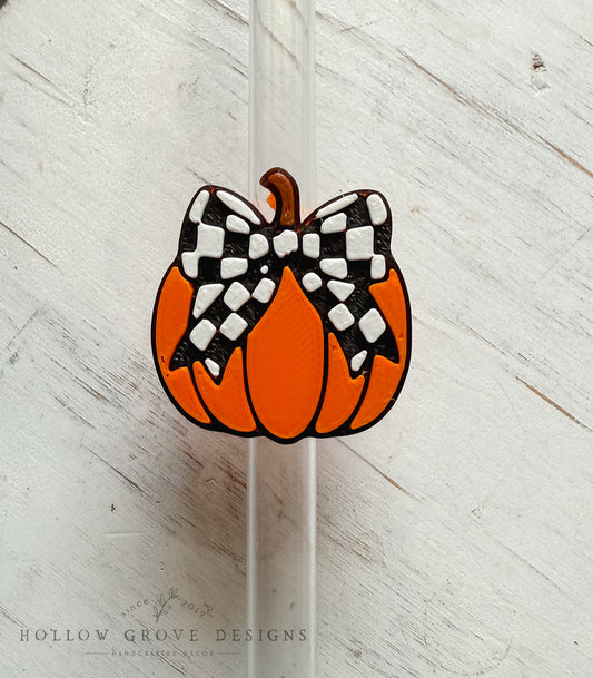 Checkered Bow Pumpkin Straw Charm