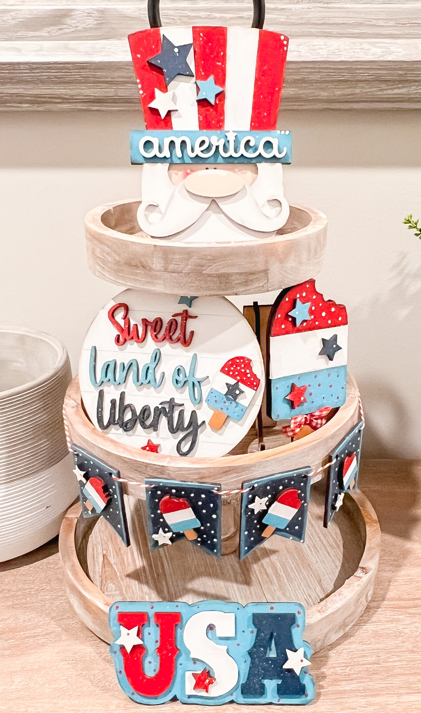 Sweet Land of Liberty Tiered Tray Set | July 4th Decor | Americana Decor