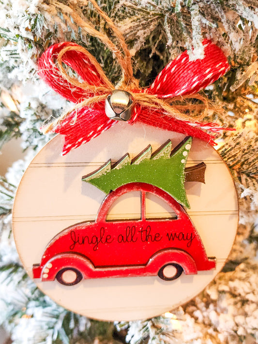 Jingle All The Way Ornament | Christmas Bug Ornament | Red Car Ornament