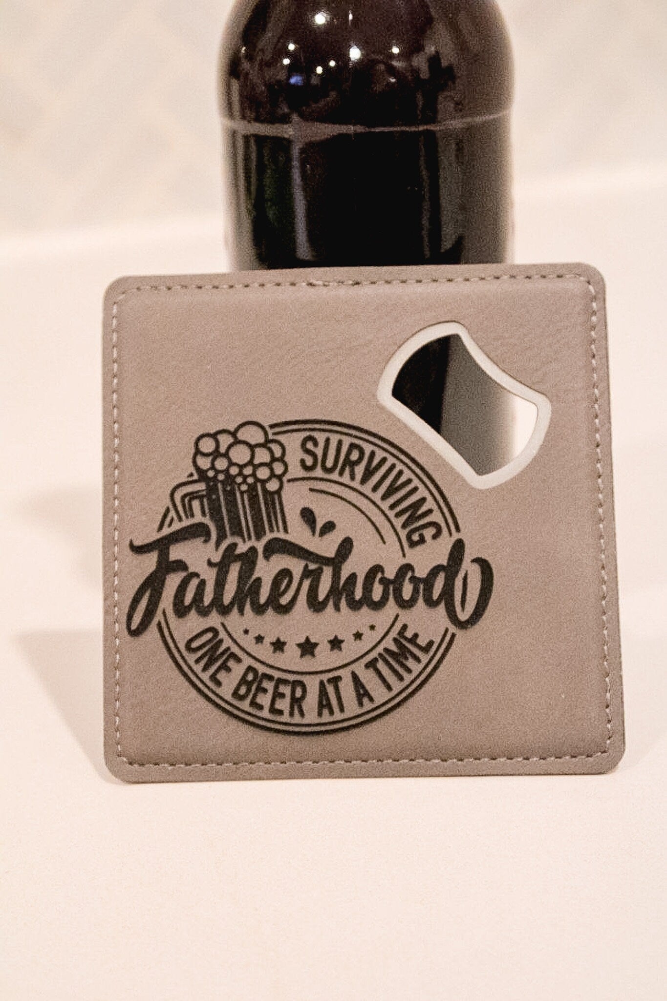 Surviving Fatherhood One Beer at A Time | Bottle Opener Coaster | Engraved Bottle Opener | Funny Fathers Day Gift | Gift for Beer Lover