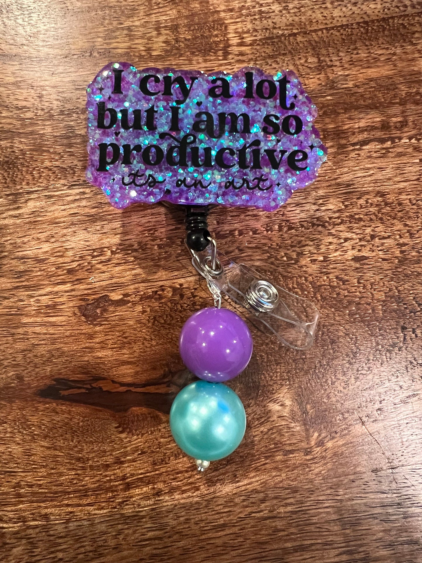 I Cry A Lot But Im So Productive Badge Reel| Type a Personality  Badge Reel| ID Holder | Beaded Badge Reel| Interchangeable Badge Reel