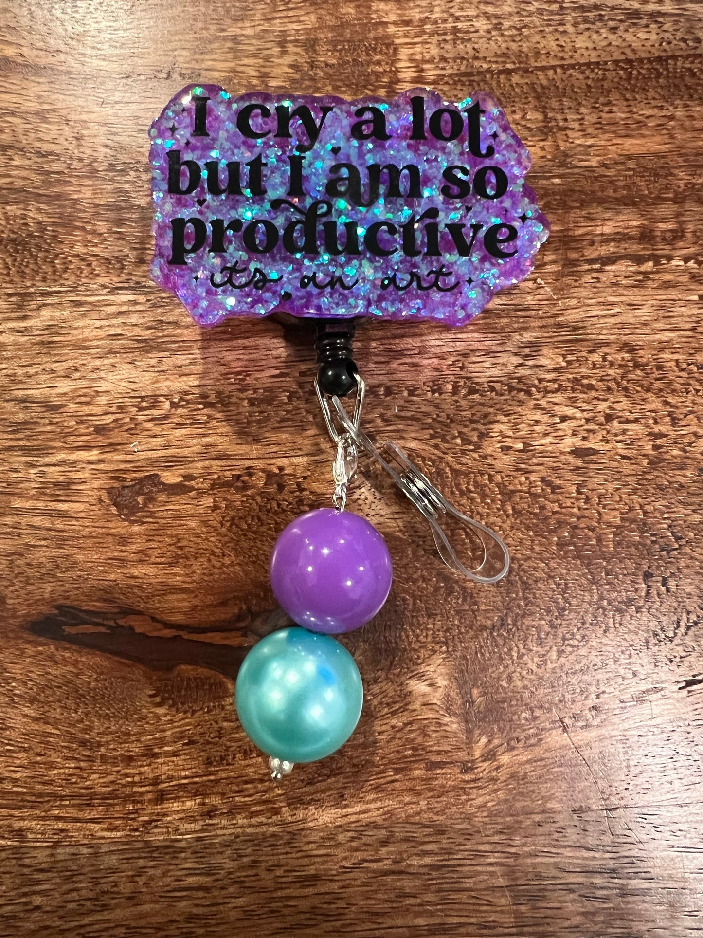 I Cry A Lot But Im So Productive Badge Reel| Type a Personality  Badge Reel| ID Holder | Beaded Badge Reel| Interchangeable Badge Reel