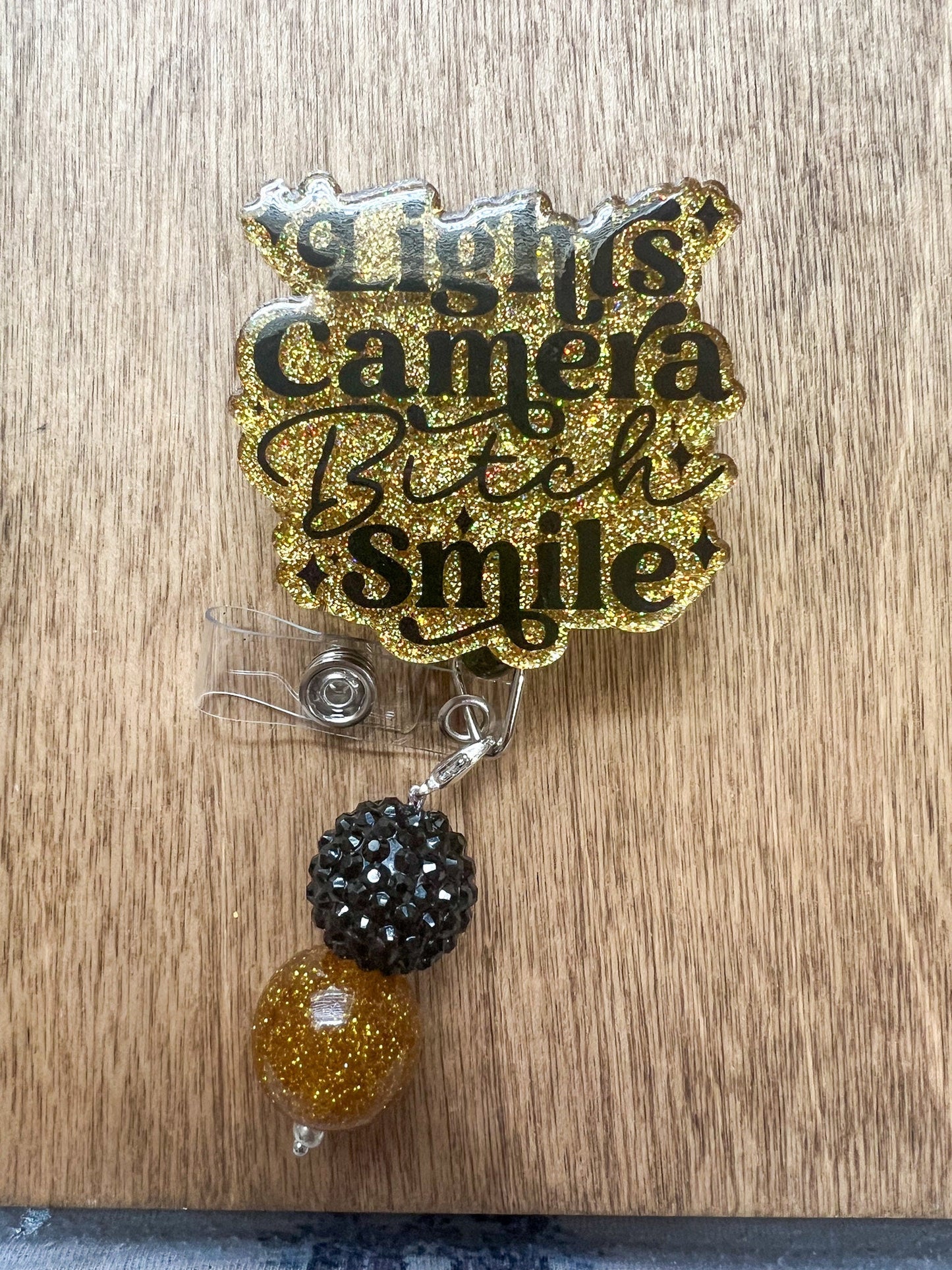 Lights Camera B*tch Smile Badge Reel| Type a Personality Badge Reel| ID Holder | Interchangeable Beaded Badge Reel