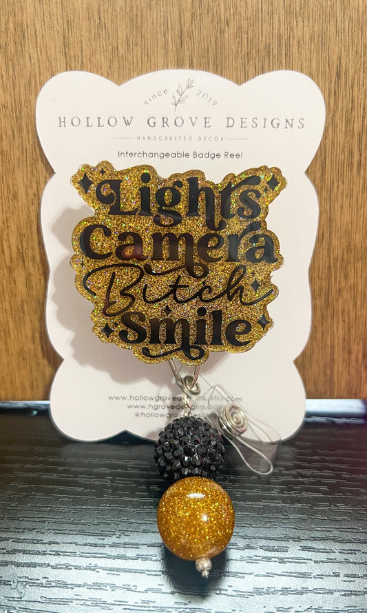 Lights Camera B*tch Smile Badge Reel| Type a Personality Badge Reel| ID Holder | Interchangeable Beaded Badge Reel