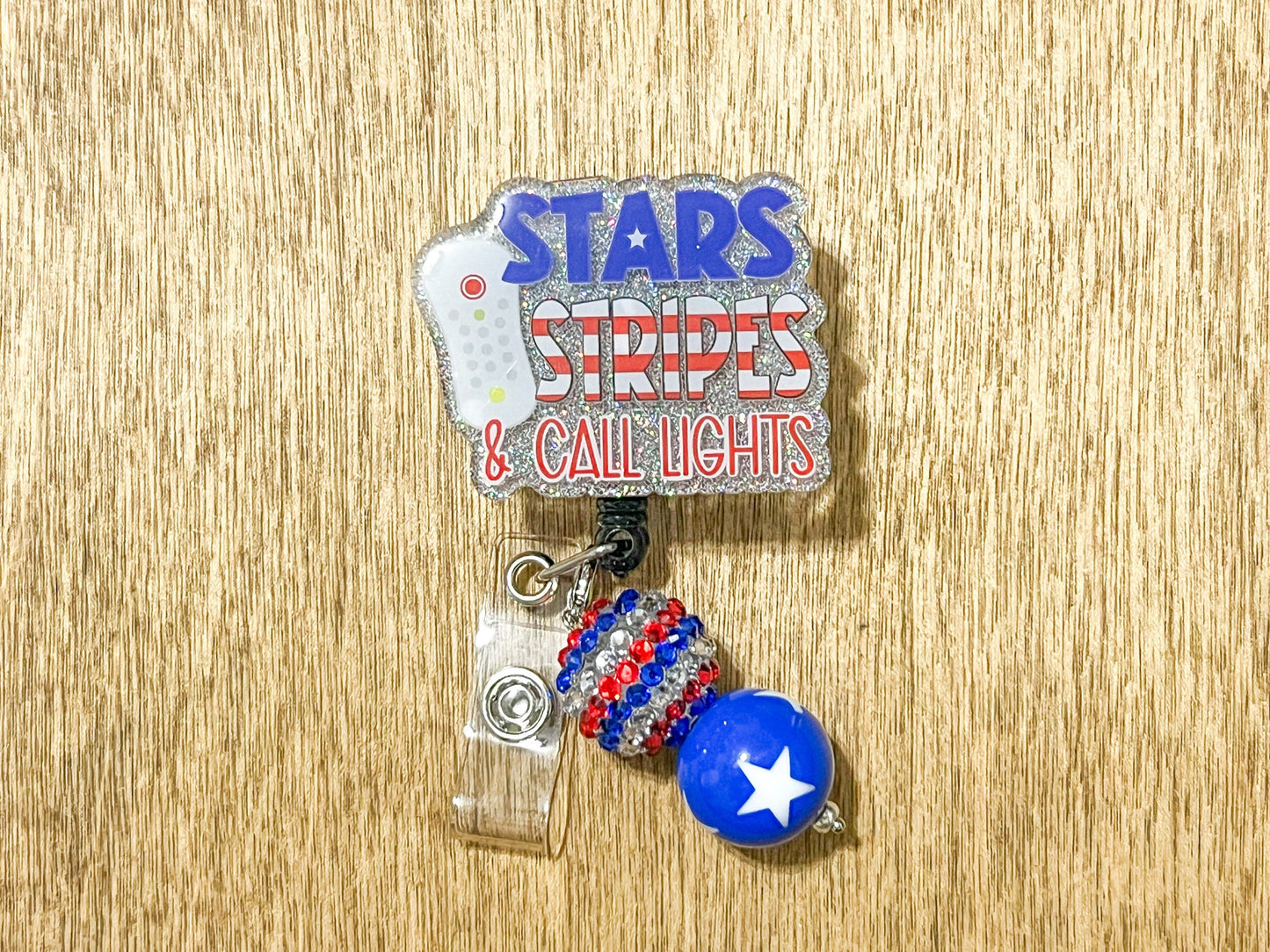 Stars, Stripes, and Call Lights Beaded Badge Reel| Summer Badge Reel | July 4th Beaded Badge Reel| Interchangeable Badge Reel