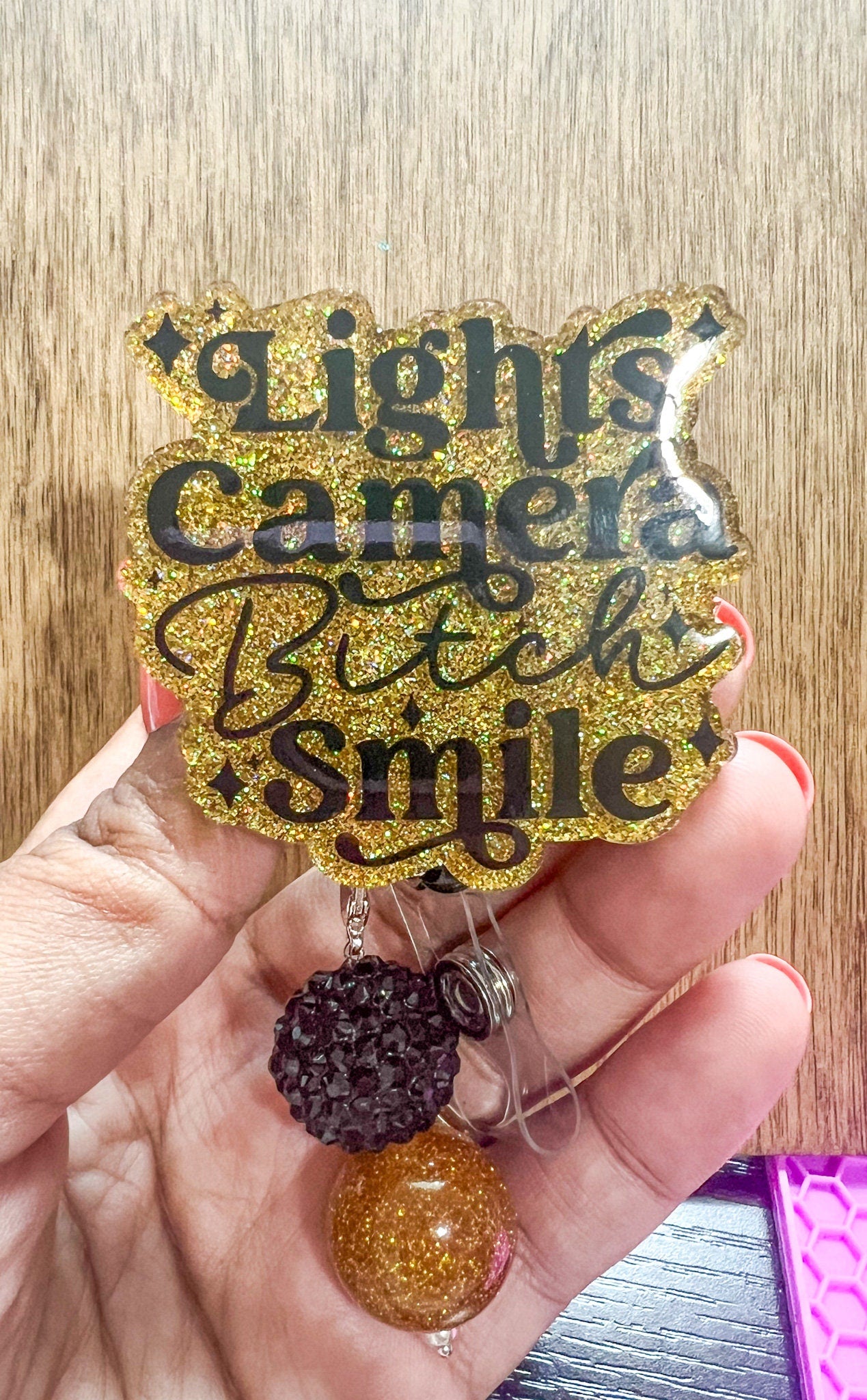 Lights Camera B*tch Smile Badge Reel| Type a Personality Badge Reel| ID Holder | Interchangeable Beaded Badge Reel