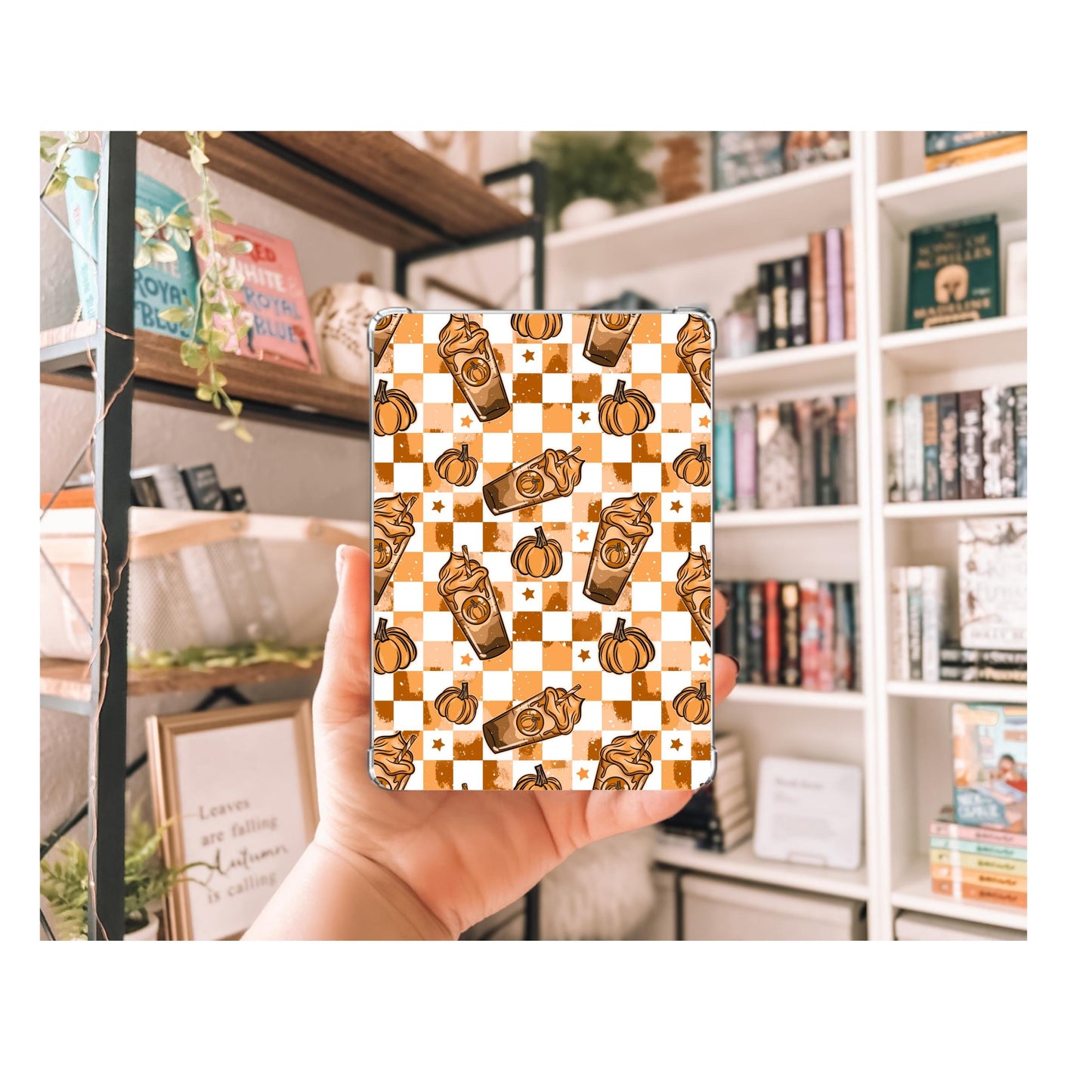 Checkered Pumpkin Spice Latte Kindle Insert | Fall Kindle Decor | Clear Kindle Case Insert | Spooky Summer Decor | Gift for Book Lover