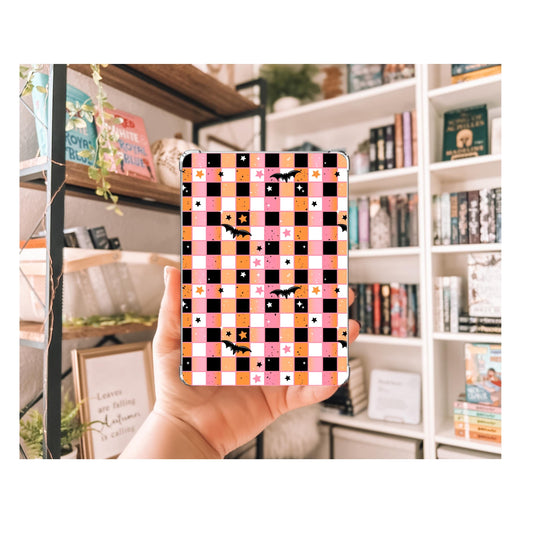 Halloween Checkered Bats Kindle Insert | Clear Kindle Case Insert | Spooky Skull Decor | Gift for Book Lover| Halloween Kindle Decor